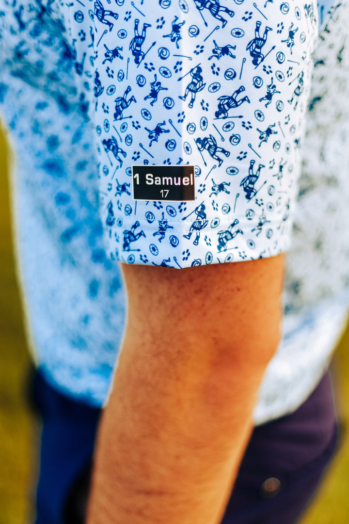 Christian Golf Polo Blue Tees Crossed Golf David and Goliath Bible Verse